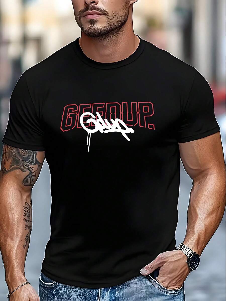 Men's Casual Sports T-Shirt, Summer Thin Breathable Sweat-Absorbing Geedup Printed Design, Suitable For Daily Wear Casual Sports T-Shirt - 黑色 - 查看 1
