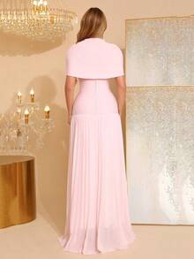 优雅荷叶边修身连衣裙，纯色设计，高端品质，披肩领饰以串珠花朵，伴娘正式礼服，适合生日派对、婚礼等场合。 - 淺粉色 - 查看 8