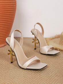 Women's French Style Backless Arched Ankle Strap Square Toe Thin Heel Sandals - Apricot - View 4
