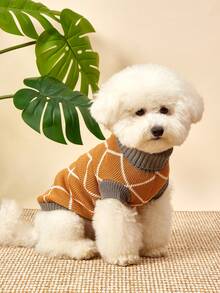 PETSIN 幾何樣式寵物高領套頭毛衣 - 駝色 - 查看 9