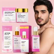 全套剃须脱毛产品，包含60克剃须前磨砂膏、90毫升剃须后护理油和90毫升剃须后精华液。它具有甜美的草莓甜甜圈香草味，能够滋养和舒缓肌肤。