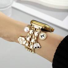 1条女士链条表带，优雅金属皮革不锈钢表带，兼容38/40/41mm、42/44/45/46/49mm Ultra/SE/8/7/6/5/4/3/2/1 - 金色 - 查看 5