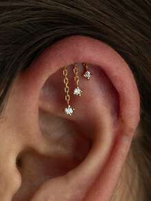 1 pieza Pendientes de cartílago de plata de ley 925 para mujeres, pendientes de espalda plana con cadena, pendientes de cartílago con CZ hipoalergénicos, regalo de joyería para perforación de daith, concha, trago y hélice para mujeres - Dorado - Ver 2