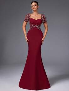 VIPGIRL Elegant Burgundy Mesh Beaded Sheath Evening Dress, Short Sleeve Formal Gown With Illusion Waist, Luxury Bodycon Long Dress For Women,Cocktail Dress,Evening Dress Women Dresses,Quick Ship Women ﻿