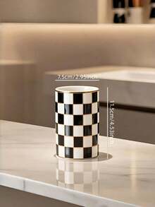 Black & White Plaid Bathroom Toothbrush Holder, Black & White Ceramic Toothbrush Holder, Modern Toothbrush Cup, Suitable For Bathroom Countertop Storage Rack, High-Quality Black & White Plaid Ceramic Utensil Holder, Desktop Pen Cup, Cutlery Storage Box