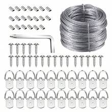 XISH Kit para colgar imágenes ganchos para cuadros en D con tornillos alambre para colgar imágenes 100 pies y mangas de aluminio soporta hasta 30 libras destornillador incluido - Plateado - Ver 1