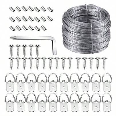 XISH Kit para colgar imágenes ganchos para cuadros en D con tornillos alambre para colgar imágenes 100 pies y mangas de aluminio soporta hasta 30 libras destornillador incluido