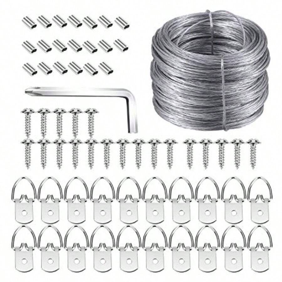 XISH Kit para colgar imágenes ganchos para cuadros en D con tornillos alambre para colgar imágenes 100 pies y mangas de aluminio soporta hasta 30 libras destornillador incluido - Plateado - Ver 1