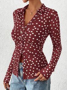 Women Button Down Floral Shirts  Fall Long Sleeve V Neck Ruched Fitted Mesh Blouse Tops Date Outfits Valentine's Day Vacation Fall Clothes For Women - Đáy màu đỏ rượu vang và trắng lượn sóng - Xem 3