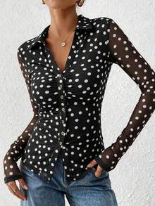 Women Button Down Floral Shirts  Fall Long Sleeve V Neck Ruched Fitted Mesh Blouse Tops Date Outfits Valentine's Day Vacation Fall Clothes For Women - Black Background With White Polka Dots - View 1