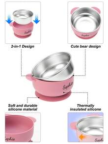 1pc Personalized Customization Name Silicone Children Bowl With Bear Design Removable Stainless Steel Inner Bowl Suction Base Self-Feeding Portable Kids Tableware - Multicolor - View 8