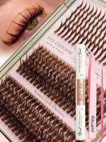 Rikuaild 三合一棕色假睫毛套装，包含60D/80D/100D柔软保湿单根假睫毛、睫毛胶水、镊子，在家DIY打造精致妆容，196/228/260片柔软蓬松浓密睫毛嫁接套装，持久耐用的卡通风格尖刺单根假睫毛套装，新年和圣诞节送给女性的理想礼物 - 彩色 - 查看 3