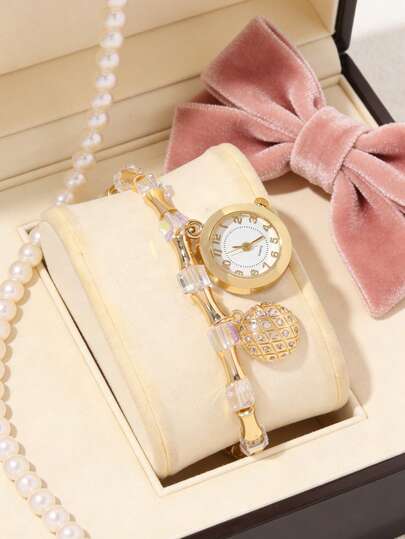 1pc Vintage Elegant Women's Gold Watch Bracelet, Featuring Crystal Beads And Rhinestone Embellishments, Paired With A Round Dial Quartz Watch Design, Showcasing A Delicate Vintage Style Full Of Charm.