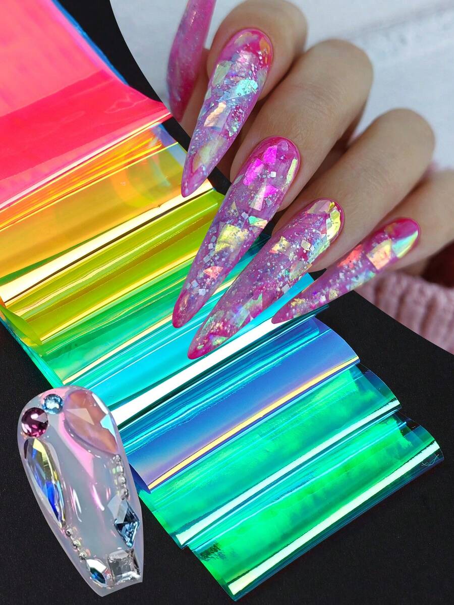 8 miếng giấy thủy tinh hình khối băng cực quang hologram, dùng cho nghệ thuật vẽ móng, giấy nhũ hologram họa tiết bầu trời sao, phụ kiện làm móng DIY, phù hợp cho móng tay của phụ nữ và bé gái. - Nhiều màu - Xem 1