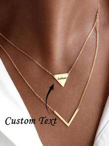 Personalized Double-Layer V-Shaped Necklace, Custom Engraved Name Triangle Pendant Necklace, Necklace For Women, Elegant Double-Layer Pendant Necklace, Geometric Accessory Gift, Mother's Day Gift, Stainless Steel Material, Summer Jewelry, Beach Accessory For Women - Multicolor - View 2