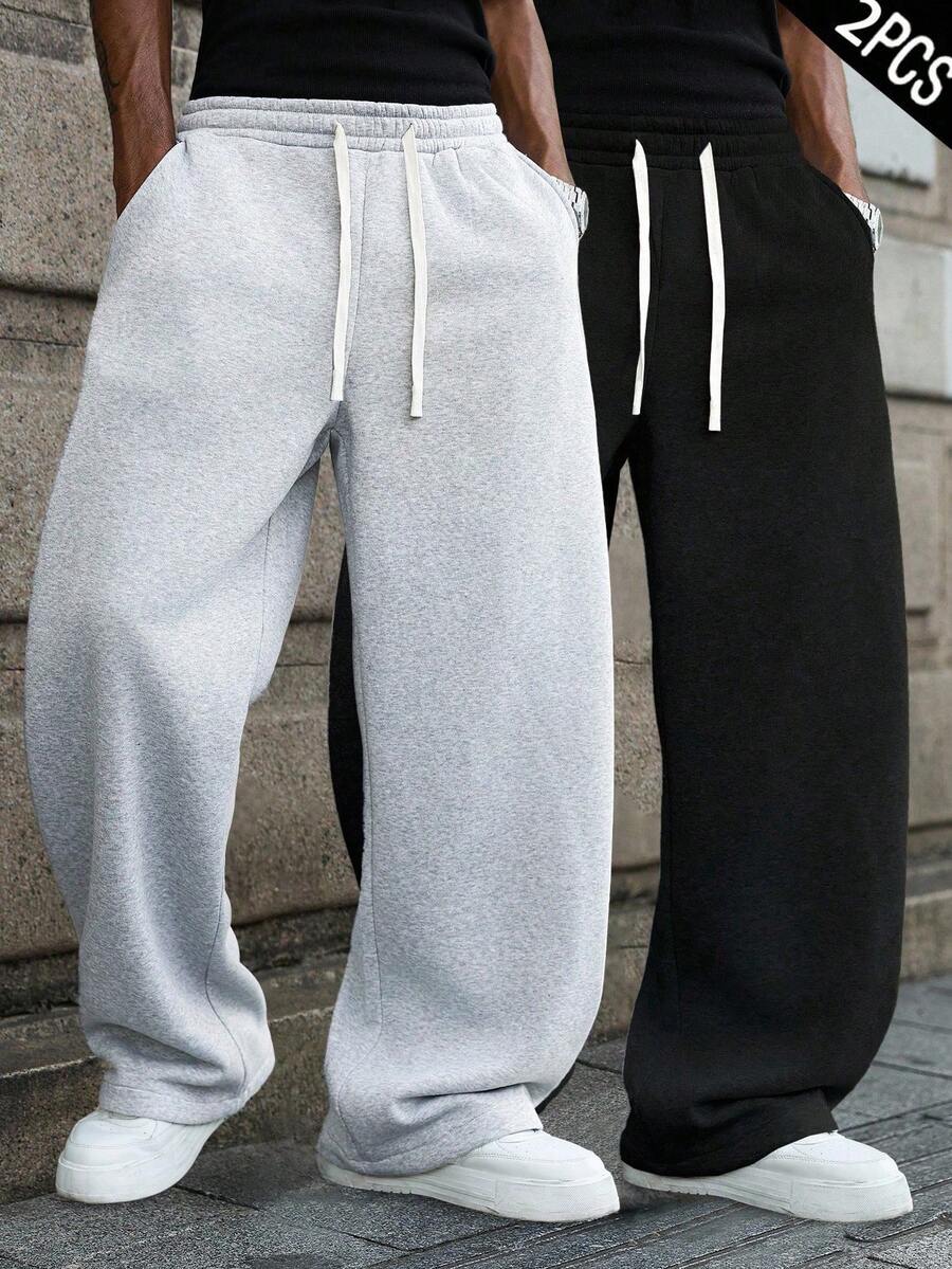 Set de 2 pantalones rectos y sueltos para hombres, con cintura con cordón, diseño de cintura alta, unicolor, estilo deportivo casual, adecuado para ocio al aire libre y uso diario en primavera - Multicolor - Ver 1