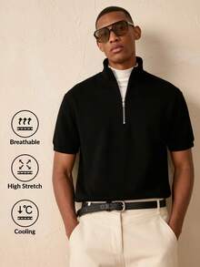 Camvyn 男士休闲宽松半拉链立领短袖毛衣，街头时尚，春夏款 - 黑色 - 查看 1