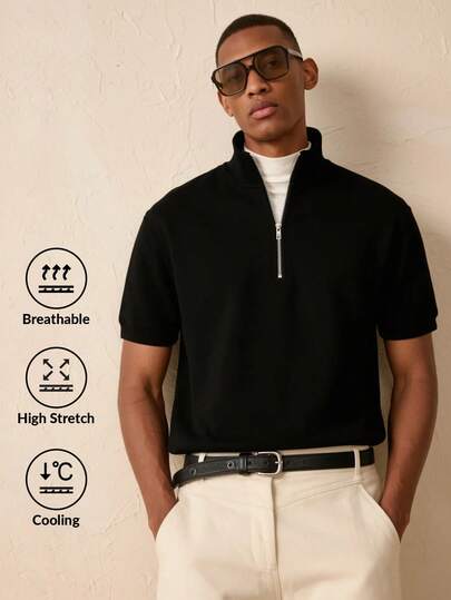 Camvyn WHITE SHARK Men's Casual Loose Half-Zip Stand Collar Short Sleeve Sweater, Street Fashion For Spring/Summer