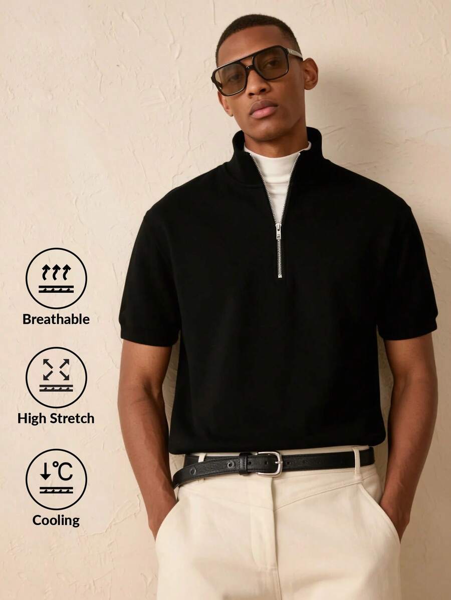 Camvyn 男士休闲宽松半拉链立领短袖毛衣，街头时尚，春夏款 - 黑色 - 查看 1