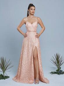 带肩带的口袋式礼服，饰有刺绣蕾丝贴花，扇形边缘，前开衩设计，高端晚礼服。女士优雅连衣裙 - 橘色 - 查看 5