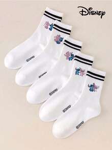 Disney 1/5 Pairs Stitch, Angel Pattern Women's Socks, "Lilo & Stitch" Cartoon, Black Double Bar White Mid-Calf Socks, Women's Short Socks, Soft Comfortable Breathable Ankle Socks, Non-Slip Boat Socks, Cool Cartoon Pattern Ankle Socks, Cute Casual Style, Daily Wear/Party Gifts/Easter/Summer, Multicolor Socks, Blue Series Socks, Cartoon Fun, - Multicolor - View 3