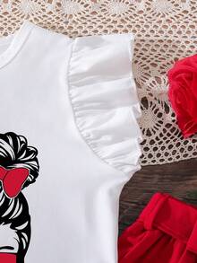 Tween Girl Cartoon Print T-Shirt And Button Front Skirt Set - Red - View 4