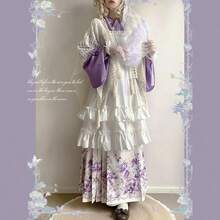 Purple Top + Purple Skirt + White Overskirt + Cape. Cross-Body, Biwa Sleeve, Fleece-Lined Cape With Horse-Faced Lolita Pattern. Fall/Winter. - A - Xem 3
