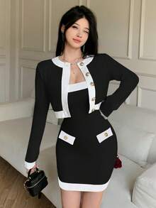 abyoxi Bộ 2 món dành cho nữ: áo khoác cardigan ngắn màu đen trắng phối vàng cài cúc phía trước và váy mini cúp ngực ôm sát, chất liệu vải dệt kim co giãn, kiểu dáng cổ điển thanh lịch, thời trang sành điệu, phù hợp cho công sở, đi làm, dạo phố, hẹn hò, mùa thu/đông. - màu đen - Xem 6