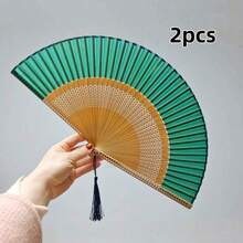 1/2支装可折叠手扇，中式/日式风格，带优雅流苏，适合户外旅行、舞蹈表演、旗袍穿着、摄影道具，中式礼品，理想的节日中国风礼物 - 彩色 - 查看 12
