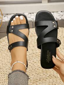 Women's Rhinestone Embellished Criss-Cross Strap Summer Beach Sandals, Non-Slip Outdoor Slippers, Versatile - Black - View 1