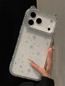Luxury Sparkling Rhinestone Bowknot Cat Ear Lens Protect Shiny Laser Star Clear Phone Case Compatible With IPhone 17ProMax 17Pro 17 16 15 14 Plus 13 12 Promax 11 Stylish Cute Blingbling Protect Back Cover