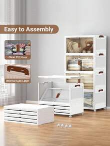 1/3layer  Plastic Storage Bins, Foldable Storage Bins With LIDS And Wheels, Foldable Storage Boxes With Doors, Closet Storage And Storage Drawers, Foldable Stackable Lockers - 白色 - 查看 11