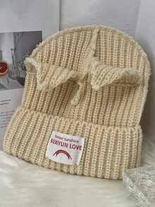 1 Peça Chapéu de Malha com Etiqueta de Tecido Desgastado e Decoração de Orelha Listrada da Moda Feminina, Quente para Looks de Outono/Inverno - Multicolorido - Visão 2