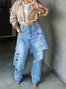 Valentine's Day, Date Night Outfit, Gifts For Her GLOURI Women's Deconstructed 2 In 1 Jeans - Low Rise Vintage Wash  & Asymmetric Distressed Rips | Edgy Streetwear Denim Pants For Concerts & Night Out & Party & Casual - 藍色 - 查看 4