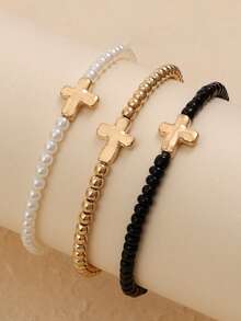 3 Piecesretro Minimalist Cross Pendant Stretch Bracelet - Perfect For Daily Wear Or As A Valentine's Day Or Mother's Day Gift - Multicolor - View 7