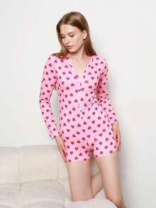 Women's Valentine's Day Romper - Heart Print Long Sleeve V-Neck Button Down Slim Fit Shorts Jumpsuit - 紅色 - 查看 3