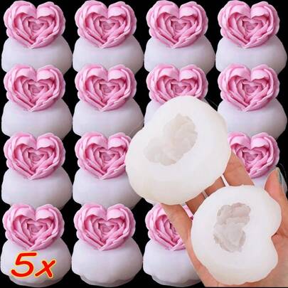 5件套3D玫瑰树脂蜡烛模具，硅胶玫瑰花造型模具，适用于巧克力、蛋糕和DIY手工皂制作，是打造优雅花卉装饰和独特礼品创意工艺的完美材料。