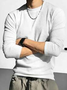 1pc Men's V-Neck Ribbed Knit Sweater Long Sleeve T-Shirt, Knitted Fabric, Casual Style, Elegant Old Money Vibe, Textured Fabric With Comfortable Drape, Pill-Resistant And Non-Deforming, Minimalist Design With Hidden Details - White - View 4