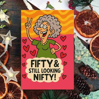 Heartfelt 50th Birthday Card With Envelope - "Fifty & Still Looking Nifty" Design, Soft Vibrant Elderly Lady Scene, Perfect For Expressing Warmth, Ideal For Gifting, Greeting Card|Soft Fifty & Nifty 50th Birthday Card|Paper Greeting Card, Love Accessories