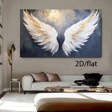 1pc Framed Canvas Wall Art - Two Large White Angel Wings Abstract Oil Painting Print, Modern Art Deco Style, Waterproof Canvas, Horizontal Wall Decor For Living Room, Bedroom, Office, Cafe, Bar - Unique Gift Idea, Cafe Decoration | Artistic Wing Design | Textured Background - 藍白色 - 查看 2