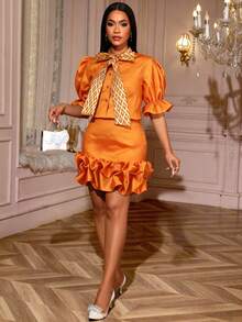 Women Chic Two Pieces Set Orange Bow Tie Puff Sleeves Tops And Ruffled Mini Skirt For Elegant Occasions Ladies 2pcs Outfits - Orange - View 2