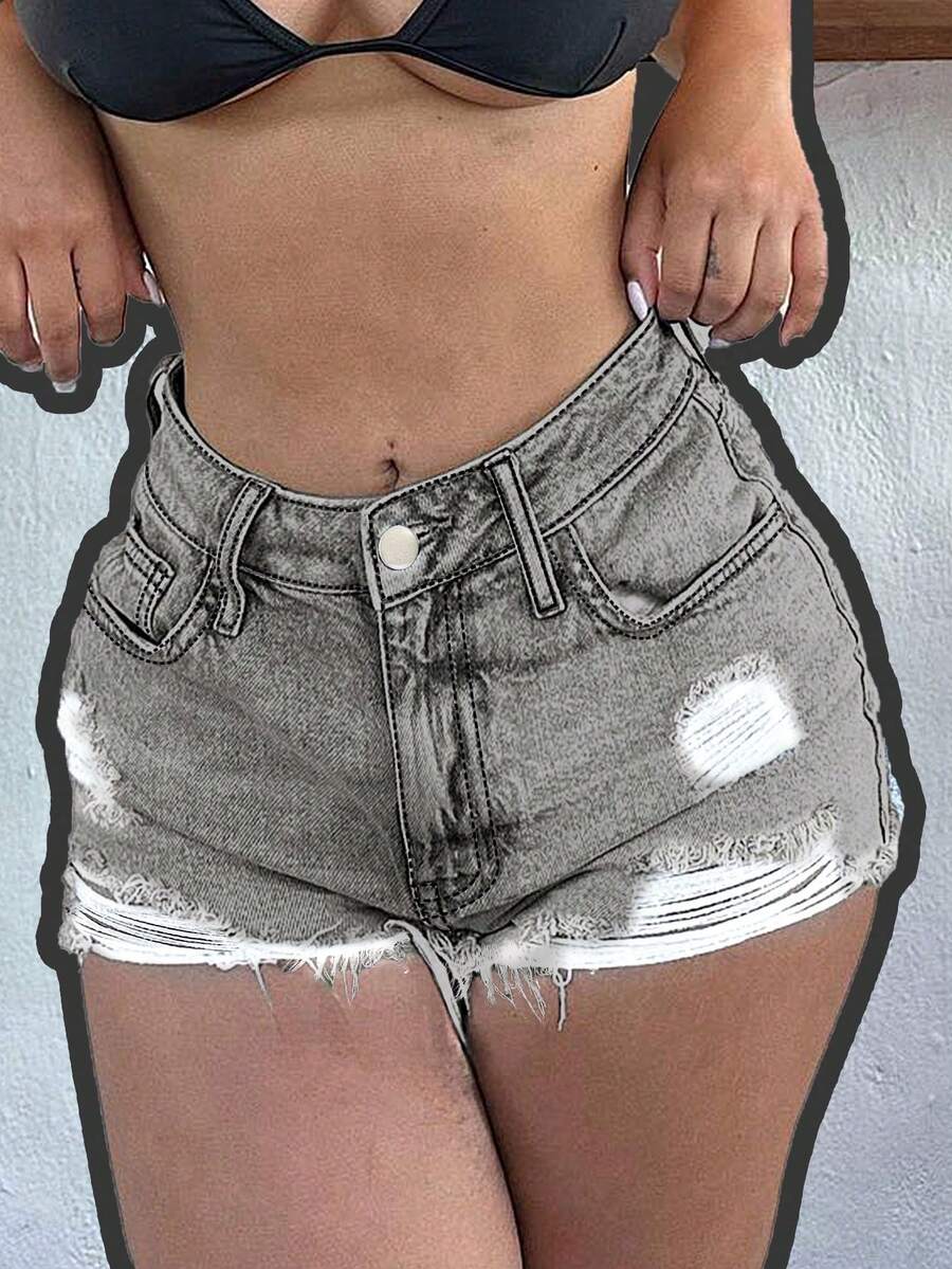 Cowgirl Women's Distressed Denim Shorts With Cat Whiskers Effect - Light Grey - View 1