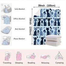 1pc Flannel Soft & Cozy Throw Blanket, Light Blue Base With Handpainted Cartoon Cats & Floral Pattern (Includes Cute Cartoon Cats In Light And Dark Blue, Decorative Floral Patterns, Creating A Fresh And Gentle Atmosphere), Ideal For Bedroom, Sofa Decor, Cartoon Cat Lover Gift - Multicolor - View 9