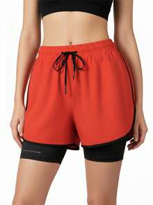 AODSR 2 In 1 Women's Black Drawstring Elastic Waist Athletic Shorts With Curved Hem Casual Running Training Workout Shorts - Red Orange - View 2