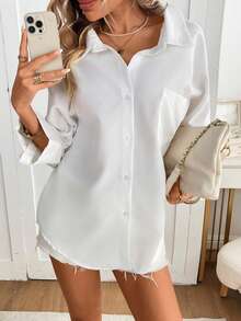 纯色链条纽扣衬衫，夏季简约时尚