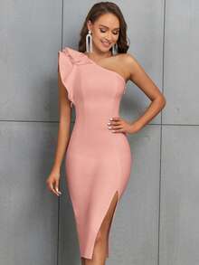 One-Shoulder Ruffle Slit Tight Bandage Bodycon Dress, Suitable For Cocktail Party Wedding Spring - Pink - View 7