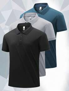 男士短袖 Polo 衫，弹力休闲运动 T 恤，商务纽扣上衣，夏季黑色 - 黑色 - 查看 1