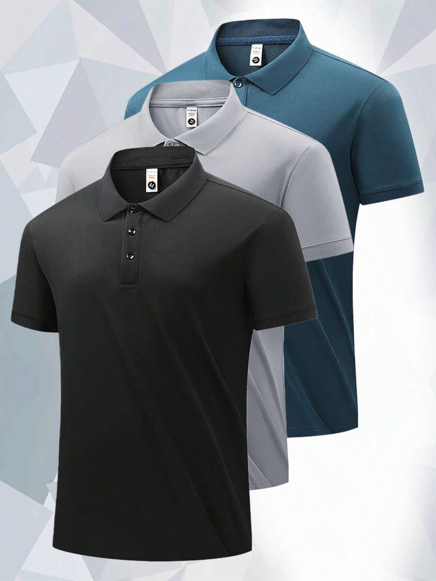 男士短袖 Polo 衫，弹力休闲运动 T 恤，商务纽扣上衣，夏季黑色 - 黑色 - 查看 1
