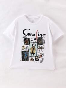 Girls' Cartoon Print Short Sleeve T-Shirt, Girls' Summer Round Neck Blouse - White - View 1