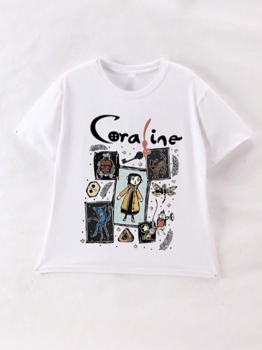 Girls' Cartoon Print Short Sleeve T-Shirt, Girls' Summer Round Neck Blouse - White - View 1